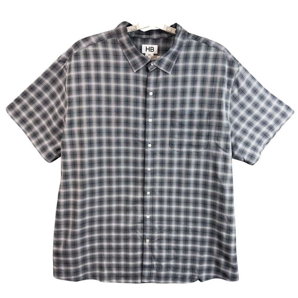 HB Men's 3XL Gray Plaid Button Down‎ Shirt Short Sleeve Casual Lightweight